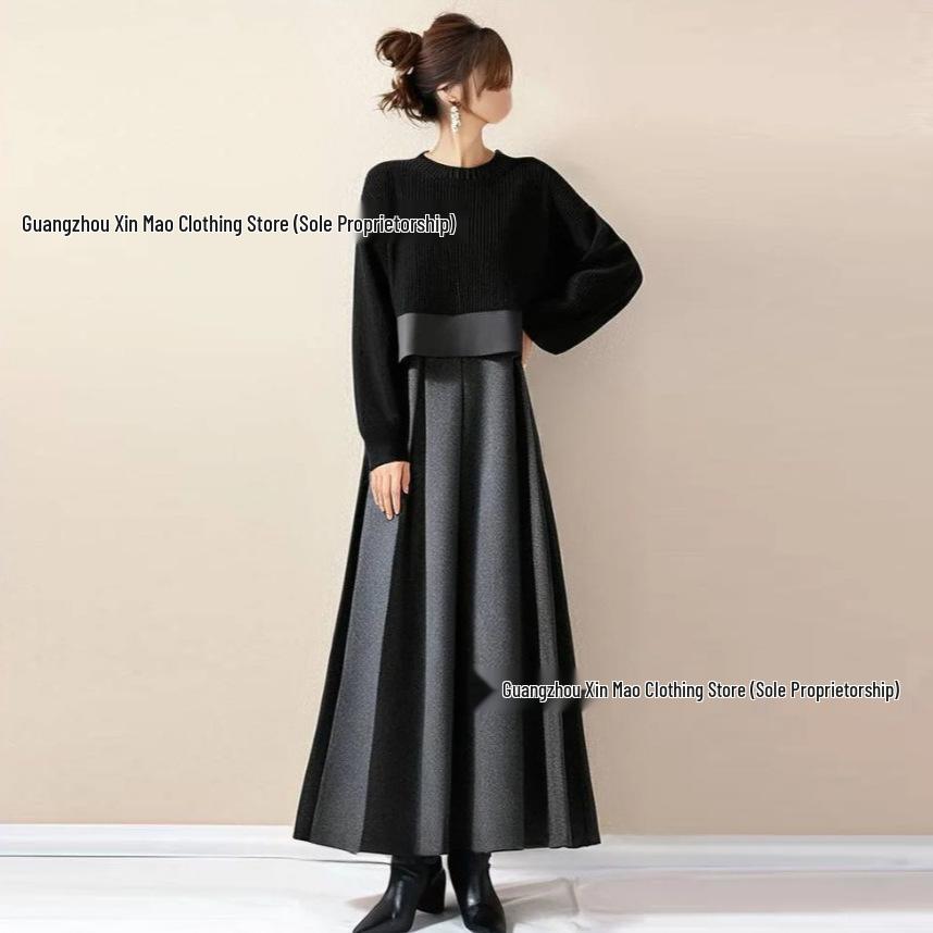 2025 High-End Plus Size Black Knit Patchwork Long Sleeve Dress