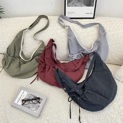 Torba na rogaliki w stylu lazy wind, duża pojemność, plisowana, nylonowa w kratkę, torba na ramię dla dojeżdżających, płócienna torba