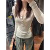 Women White Henley Long Sleeve Top Slim Fit Button V Neck Ruched Waist Basic Tee