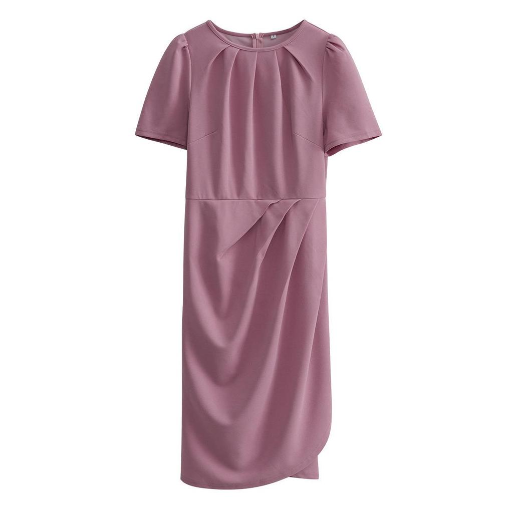 Women's Solid Color Summer Temperament Commuter Crew Neck Short Sleeve Mediumn Long Dress