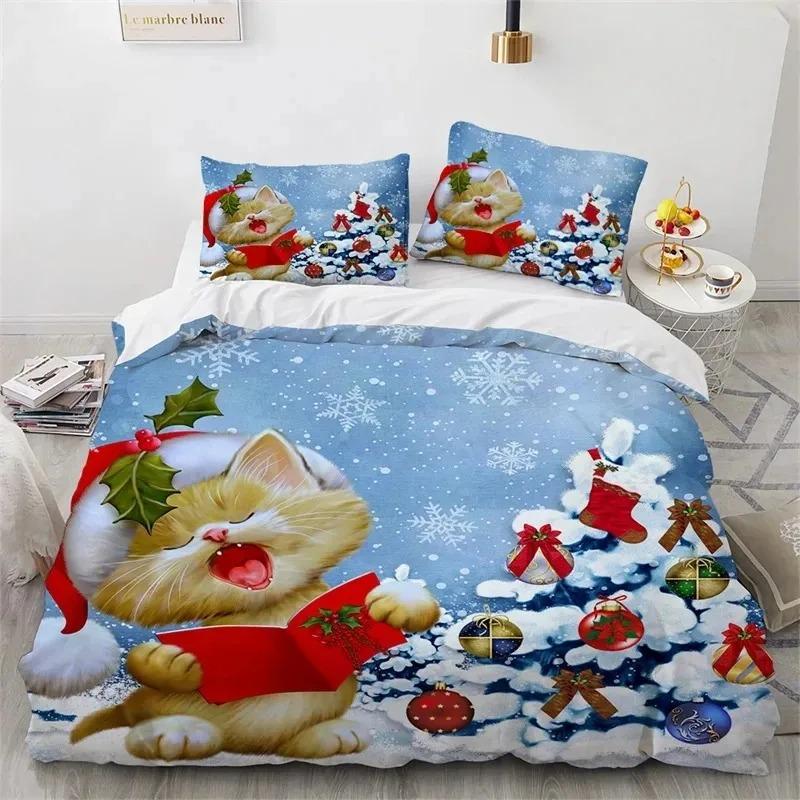 3D Print Cat Merry Christmas Santa Claus Bedding Set Double Twin King Duvet Cover Comforter Pillowcase Boys Girls Adults Bedroom