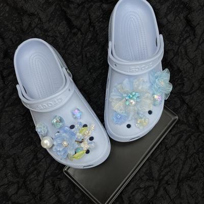 Jeskynní bota DIY doplněk, Modrá série, Zasněžená lehká gáza, Květina perla, Odnímatelná spona na botu, Květina na botu, Doplněk k botě