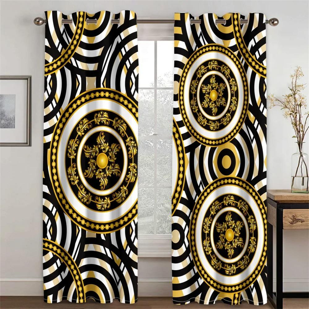 Cheap Modern Luxury Brand Black Gold 2Pieces Polyester Darkening Shading Window Curtain for Living Room Bedroom Home Decor Hook