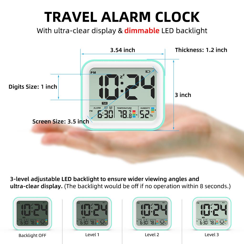 Hand-held Size Digital Alarm Clock with Snooze Function Automatically Detects Minute by Minute Temperature and Humidity Clock