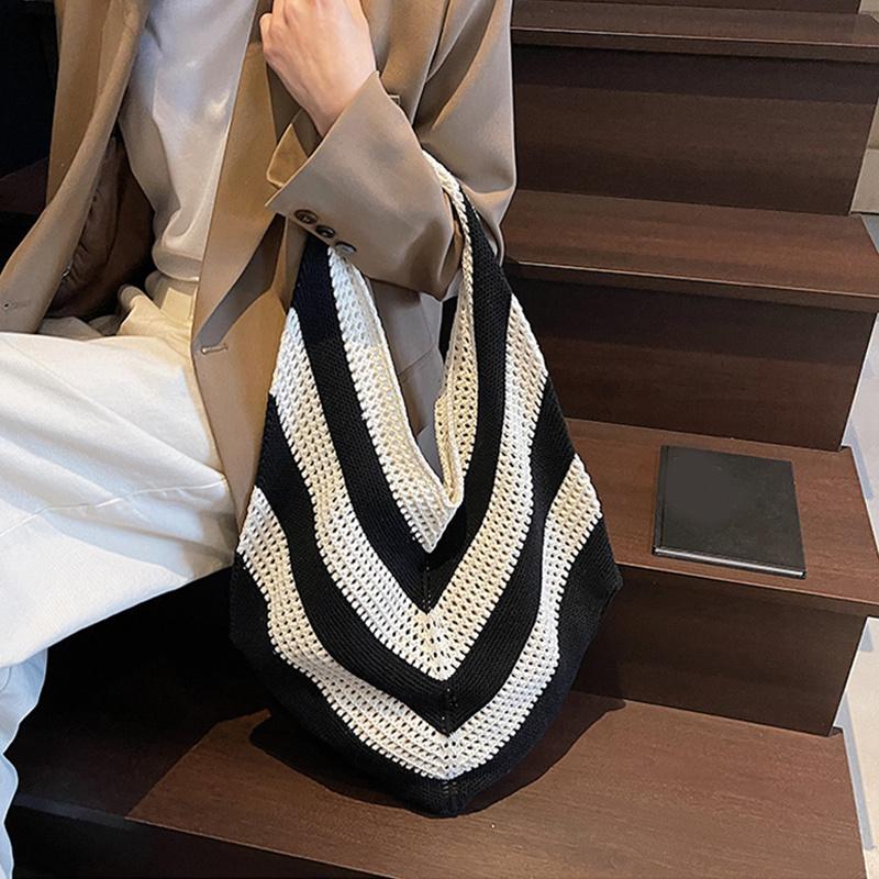 Women Crochet Tote Hollow Out Beach Large Capacity Fashion Knitted Hobo Simple Shopping Bag for Travel Vacation