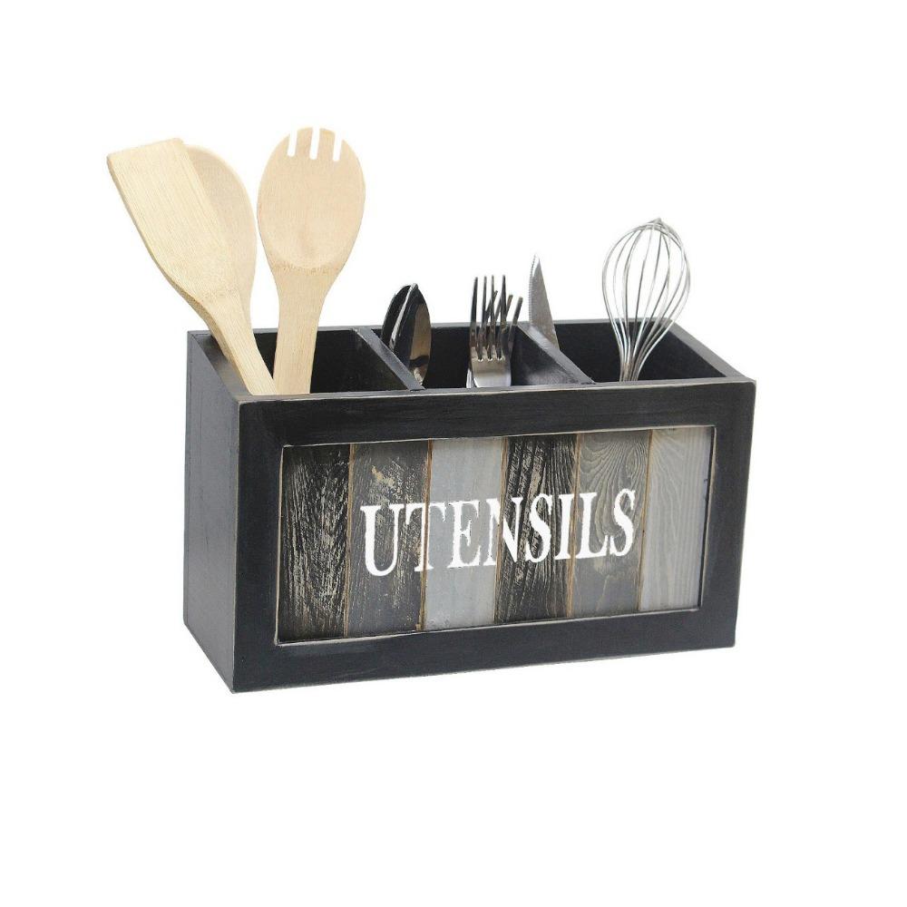 3 Grids Tableware Storage Box Vintage with Divider Solid Wood Storage Box Large Capacity Chopstick Fork Spoon Organizer