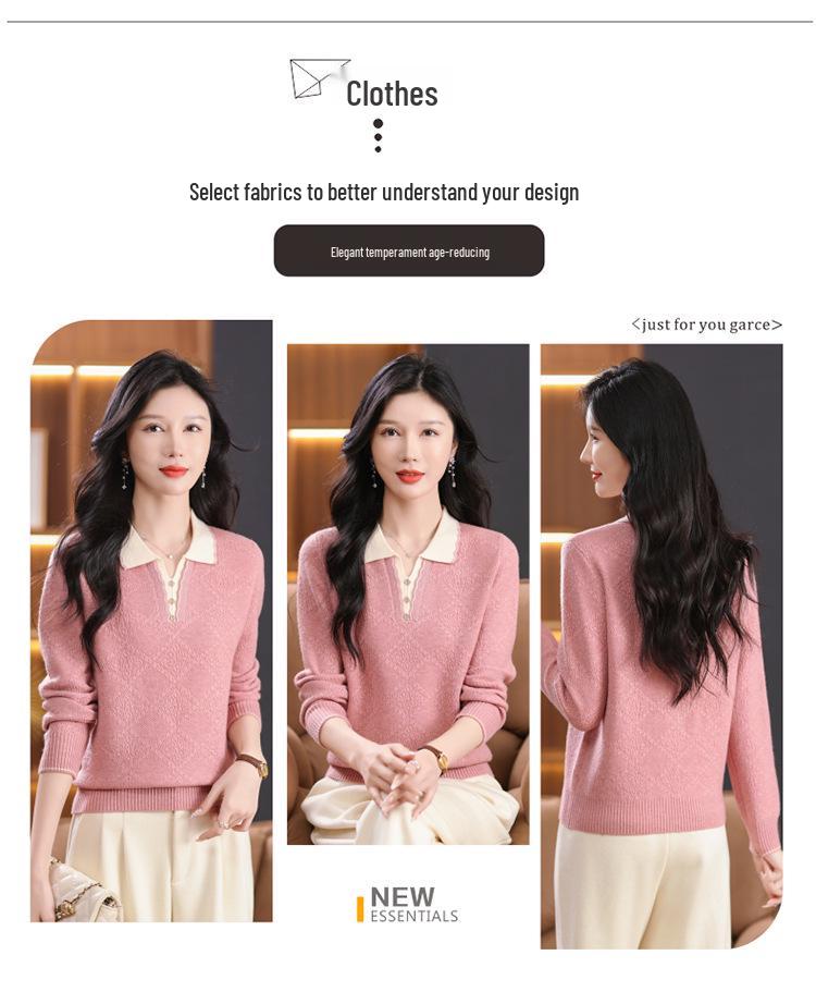 Autumn-Winter Women's Fashionable Turn-Down Collar Wool Sweater - Versatile & Stylish Knitted Design for Moms