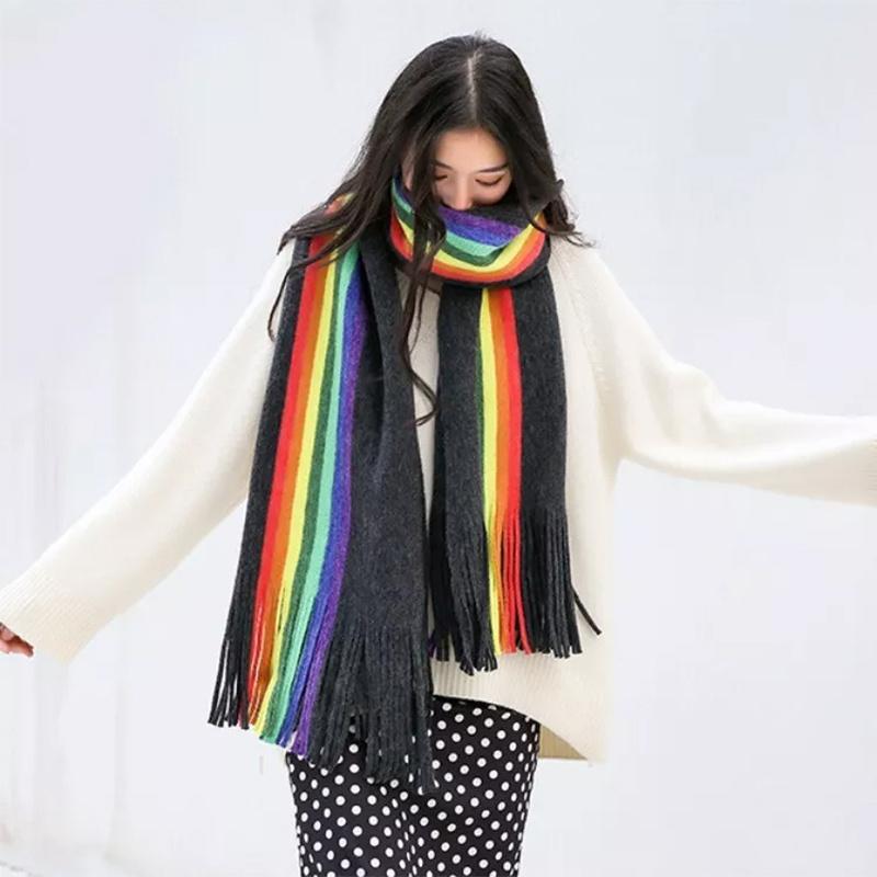 Winter Warm Scarf Women Knitted Thicken Shawls Cashmere Tassels Rainbow Stripes Designer Wrap Pashmina Fashion Lady Female
