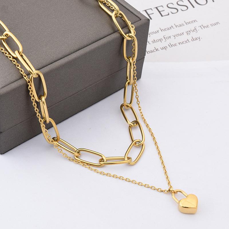 18K Gold Plated Layered Heart Lock Pendant Necklace, Dainty Chunky Paperclip Chain Double Layer Choker for Women, Trendy Jewelry