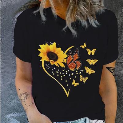 T-shirt à manches courtes et col rond pour femme, imprimé tournesols et papillons, amusant et décontracté, été