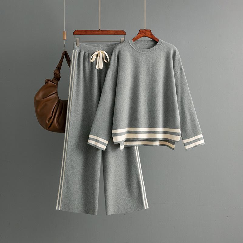 Fashion Suit Women's Autumn And Winter Knitted Round Neck Loose Fitting Pullover Sweater Wide Leg Pants Two-piece Set