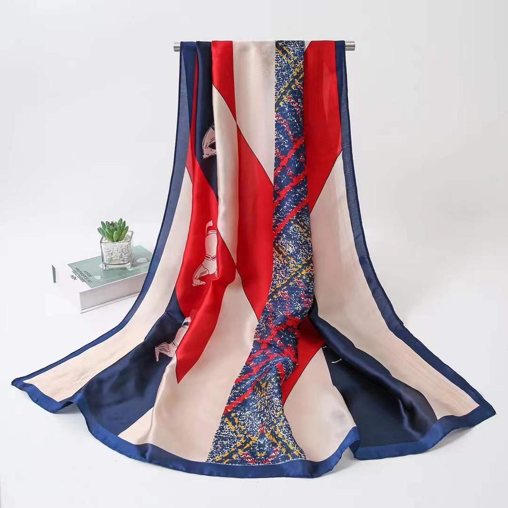 Wczesną wiosną nowy prosty kolorowy geometryczny blok kolorów długi jedwabny szal koreańska wersja damskiego temperamentu podróż długi szal