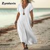 Oversized Solid Color V-Neck Cotton Linen Women's Dress for Women's Clothing