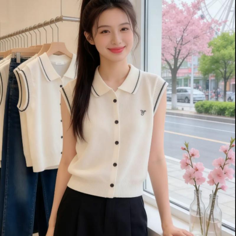 Summer New Style Slimming and Versatile Relaxed Stylish and Youthful POLO Collar Knitted Sweater Without Sleeves for Women