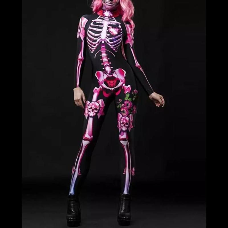 Women Halloween Party Costume Turtleneck Skull Print Long Sleeve Jumpsuit Outfit Scary Skeleton Bodysuit for Adults