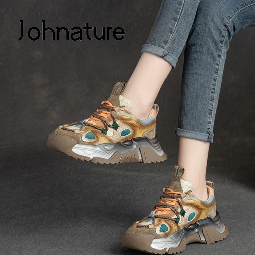 Johnature Frühling Herbst Retro Lace-up Casual Runde Kappe Frauen Echtes Leder Flache Schuhe
