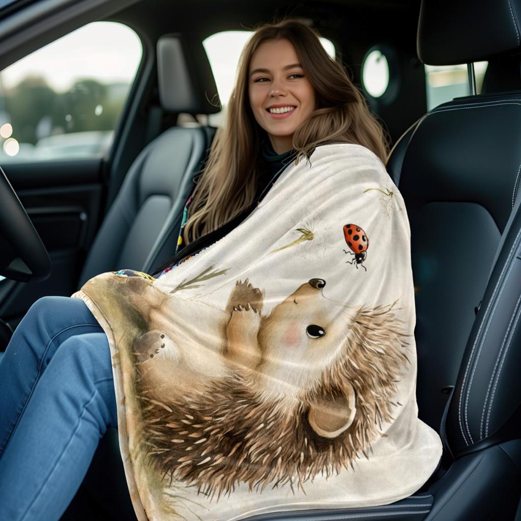 Hedgehog Mushroom Throw Blanket, Cute Animal Print Blanket for Sofa Bed Travel Camping Home Decor