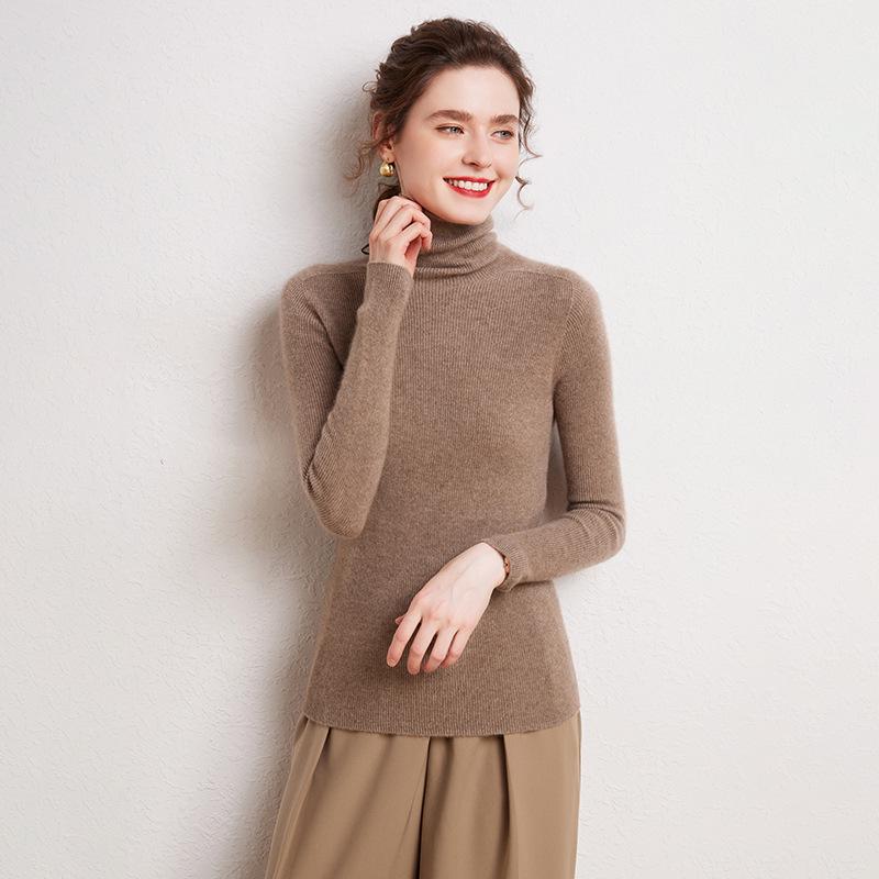 Women's 100% Cashmere High Neck Slimming Pullover Sweater - Solid Color, Warm, Versatile Knit Base Layer