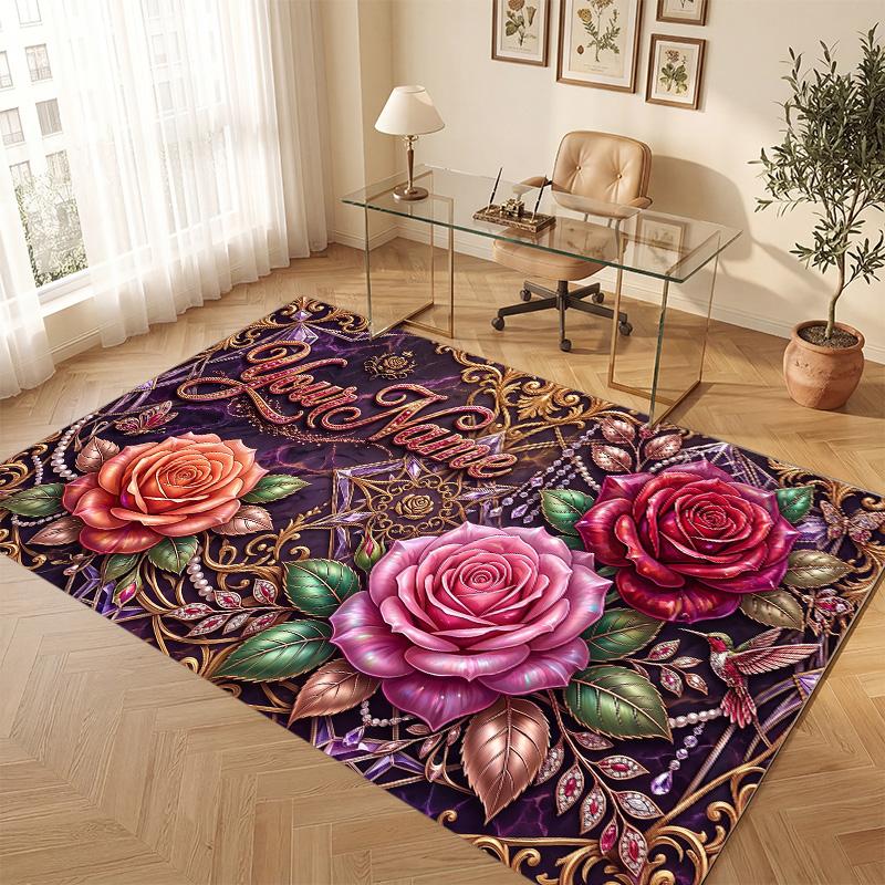 Floral Garden Theme Soft Crystal Velvet Rug Custom Name & Text Print Non Slip Floor Rug for Bedroom Living Room