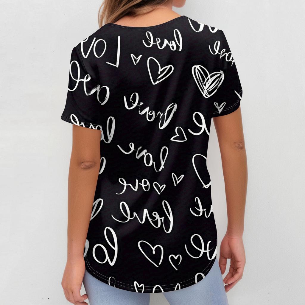 Women's V,neck Valentine's Day Printed Short,sleeved Pocket Side,slit Protective Suit Top