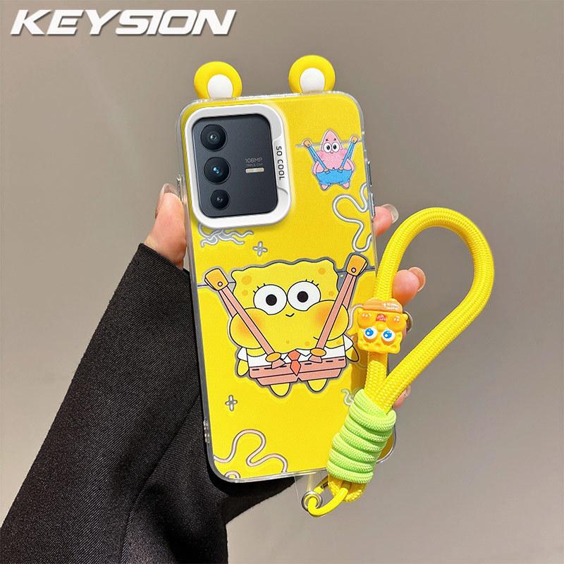 KEYSION Cute Ear Cartoon Case for VIVO V23 5G with Lanyard Soft Silicone+PC Shockproof Phone Back Cover for VIVO V23 5G