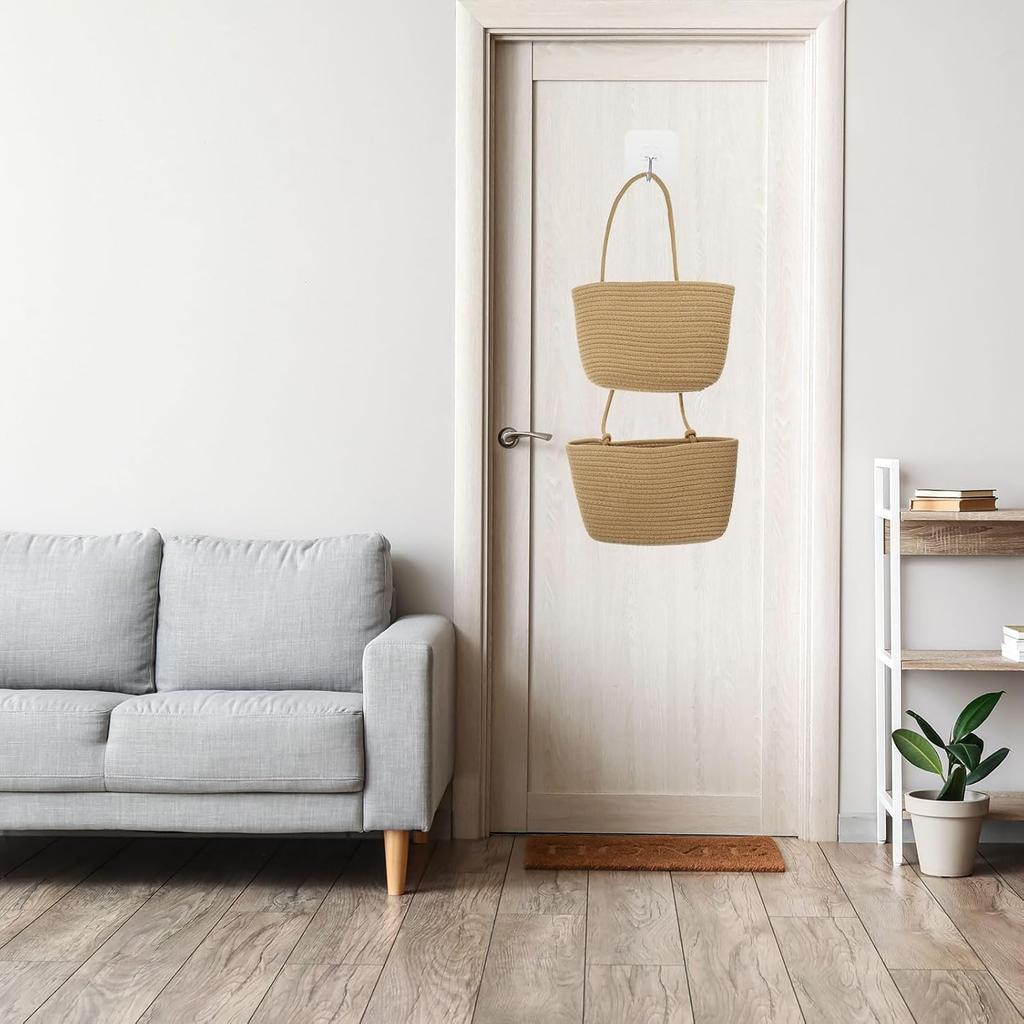 PATIKIL Hanging Basket Over The Door, 2-Tier Hanging Woven Cotton Rope Wall Mounted Storage Baskets Organizer Decorative for Books Flowers Closet