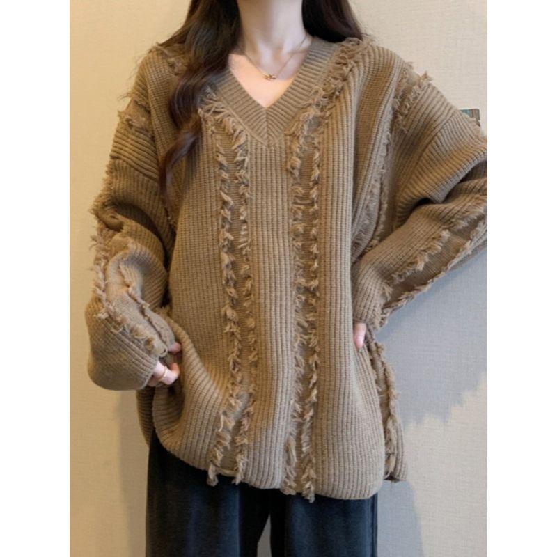 Fashion Plus Size Chubby Girl Autumn and Winter Lazy Style V Neck Pure Color Slimming Slim Fit Loose Casual Long Sleeves Knitwear Sweater