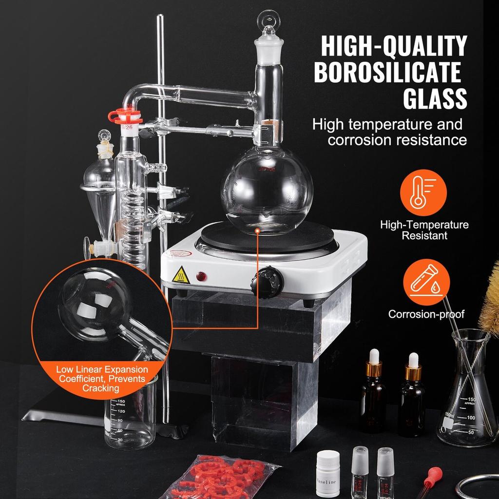 Essential Oil Distillation Kit, 500ml Distillation Apparatus, 3.3 Boro Lab Glassware Distillation Kit with 1000W Heating Plate and 24, 40 Joint, 33