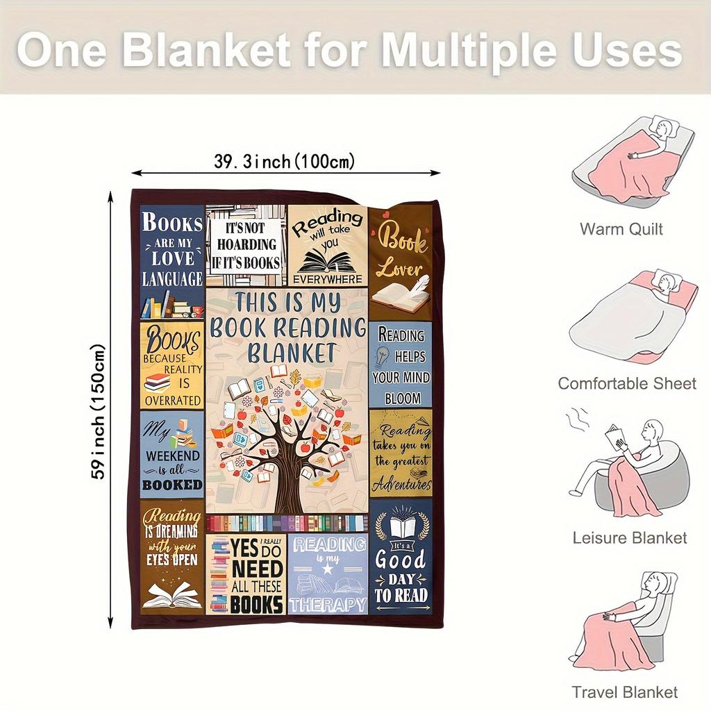 Cozy Book-Themed Flannel Throw Blanket - Soft, Warm & Versatile for Office, Camping & Travel - All-Season Gift Idea, College Style