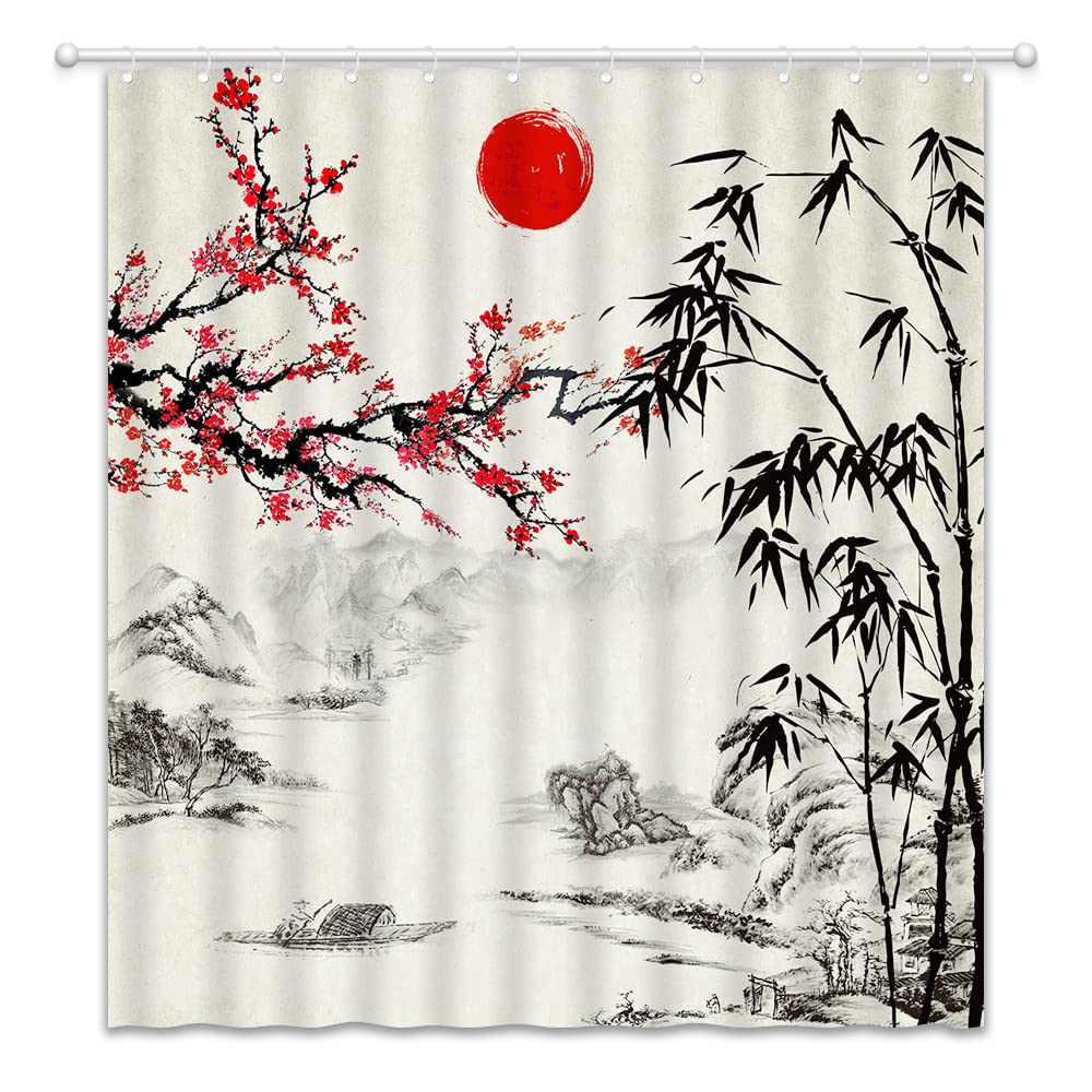 Landscape Shower Curtain Spring Season Pink Flower and Pavilion Scenery on Lake Chinese Style Bathroom Decor Hanging Curtain with Hooks
