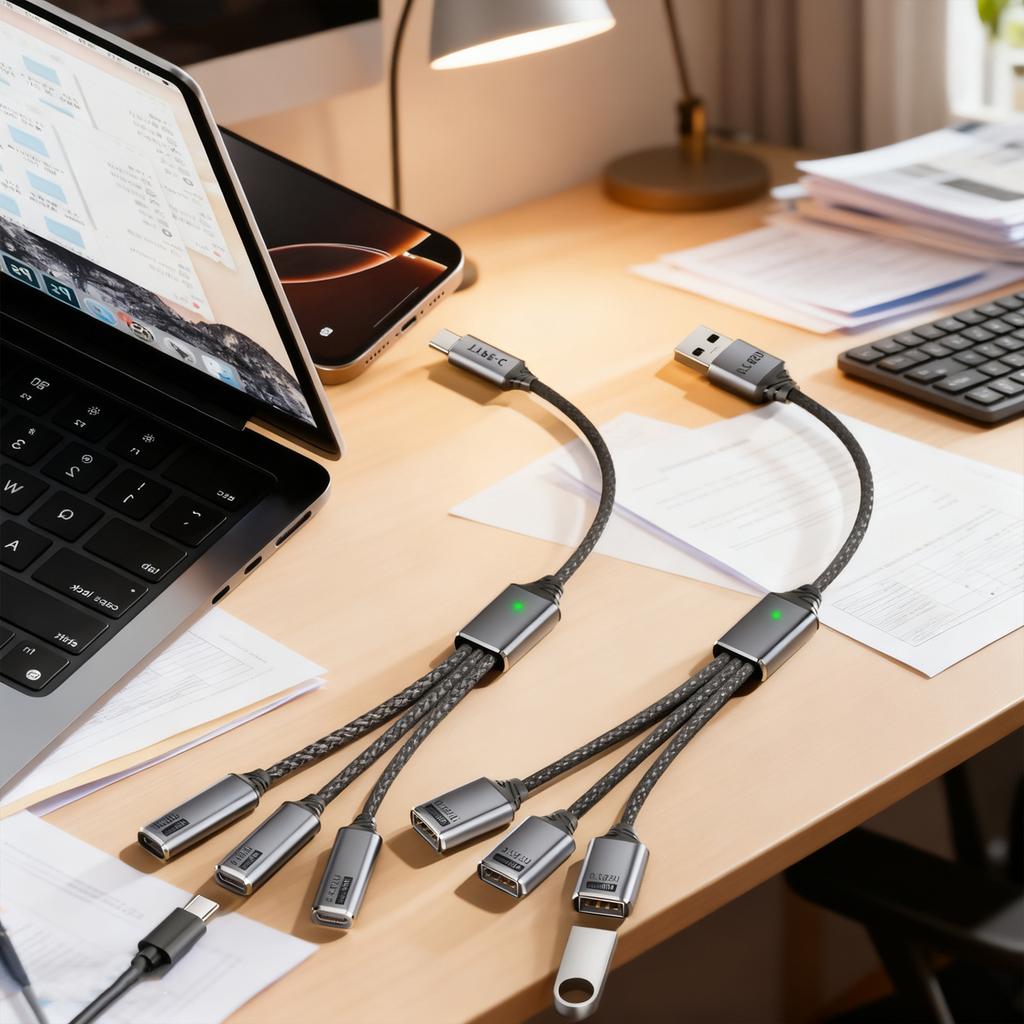 Multi Ports USB Type C Splitter Cable 480Mbps High-speed Charging Data Transfer Wire Nylon Cord for Mac IPhone Tablet Laptop PC