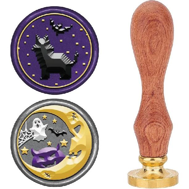 CRASPIRE 2 Style Happy Halloween Wax Seal Stamp Set Brass Sealing Stamp Heads + 1pc Wood Handle Removable Witch Hat Bat Ghost Kit for Decorating