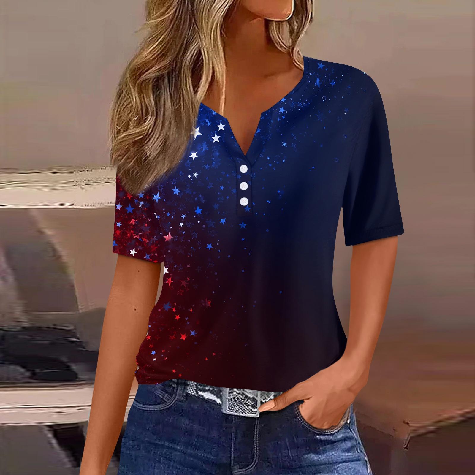 

Women s T Shirt Independence Day Print Button Short Sleeve Daily Weekend Fashion Basic V- Neck Regular Top M