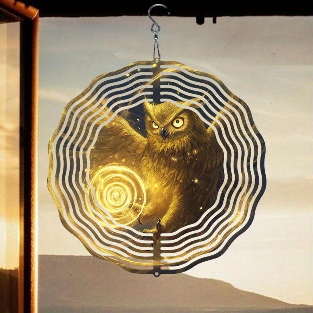 Golden Magic Owl Wind Chime 3D Visual Hanging Outdoor Bird Deterrent Rotating 360 Degree for Garden Patio Wedding Decor No Electricity