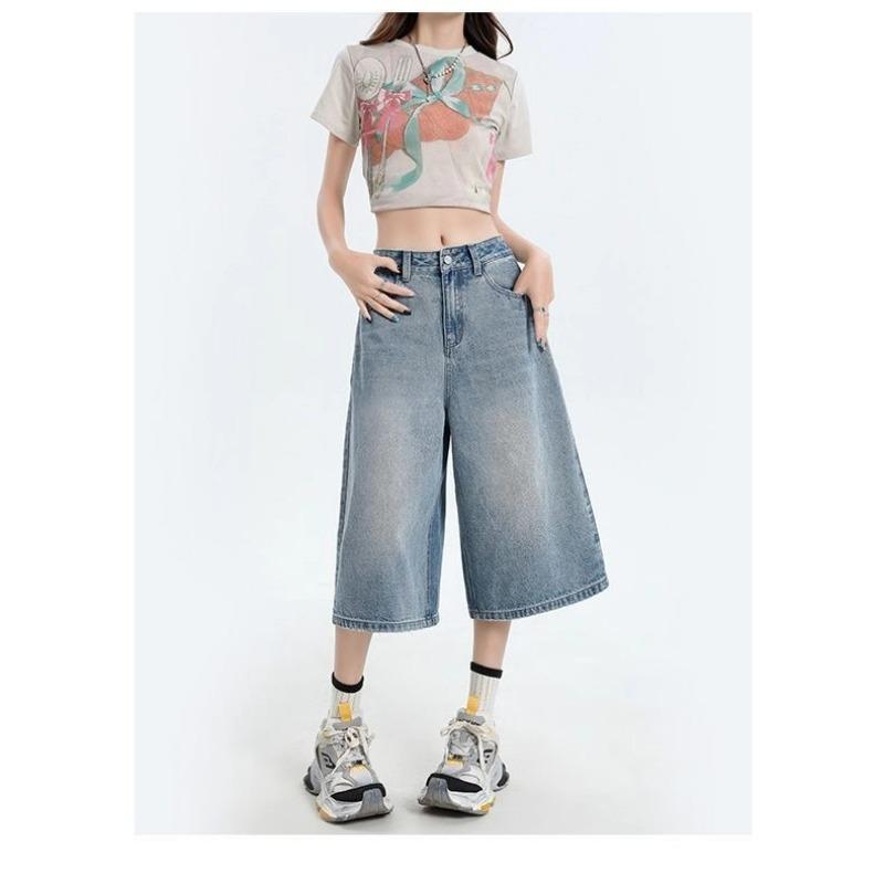 Women High Waist Wide Leg Denim Culottes Casual Light Blue Jeans
