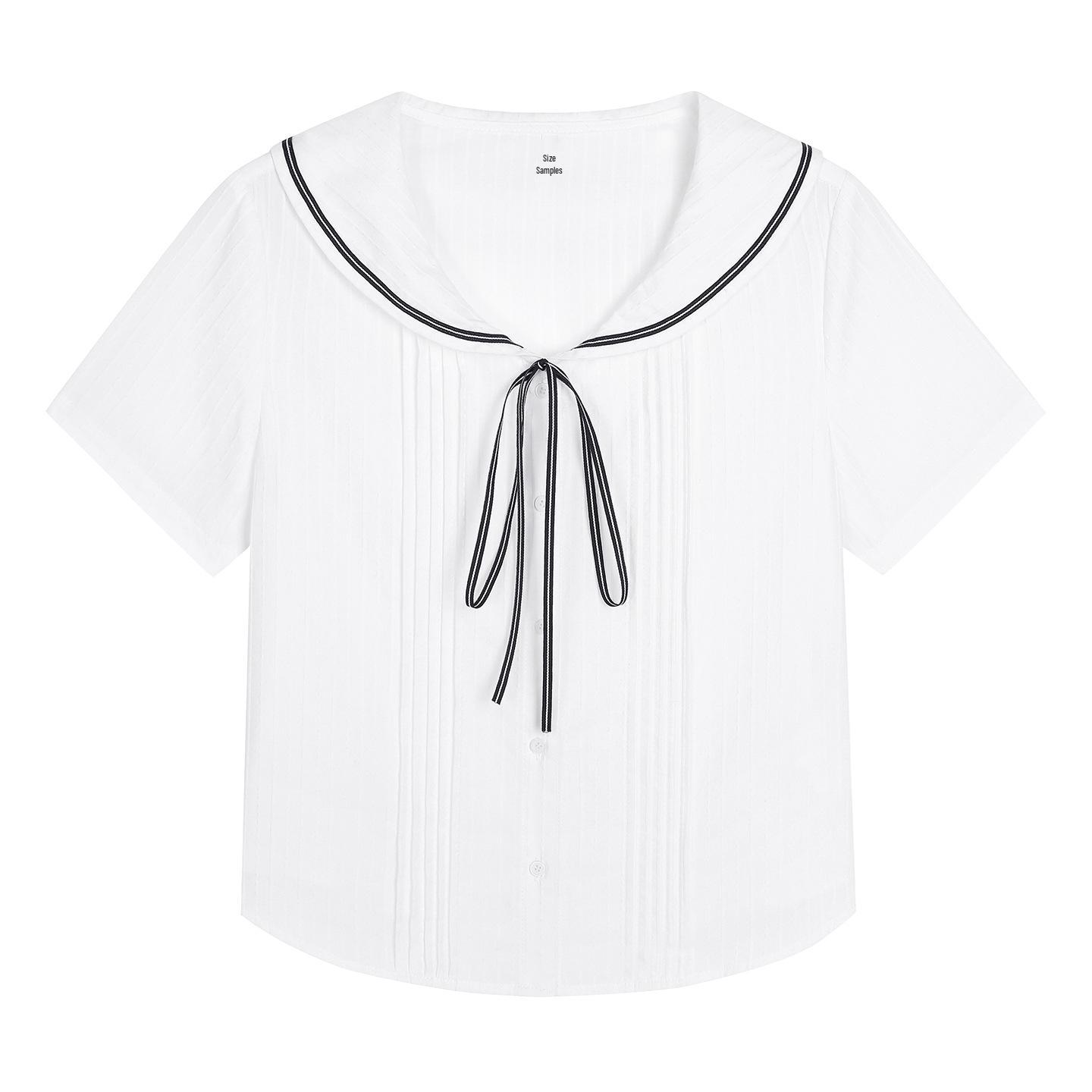 

Plus Size Slim-Fit Striped Color-Block Tie-Up Shirt with Navy Collar - Women s Short-Sleeve 5XL (Recommended for 200-220 lbs) белый