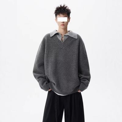 Old Money Wind Knitted Sweater Autumn and Winter Retro Fake Two V-neck Sweater Men's Polo Pullover Lapel Trendy Primer
