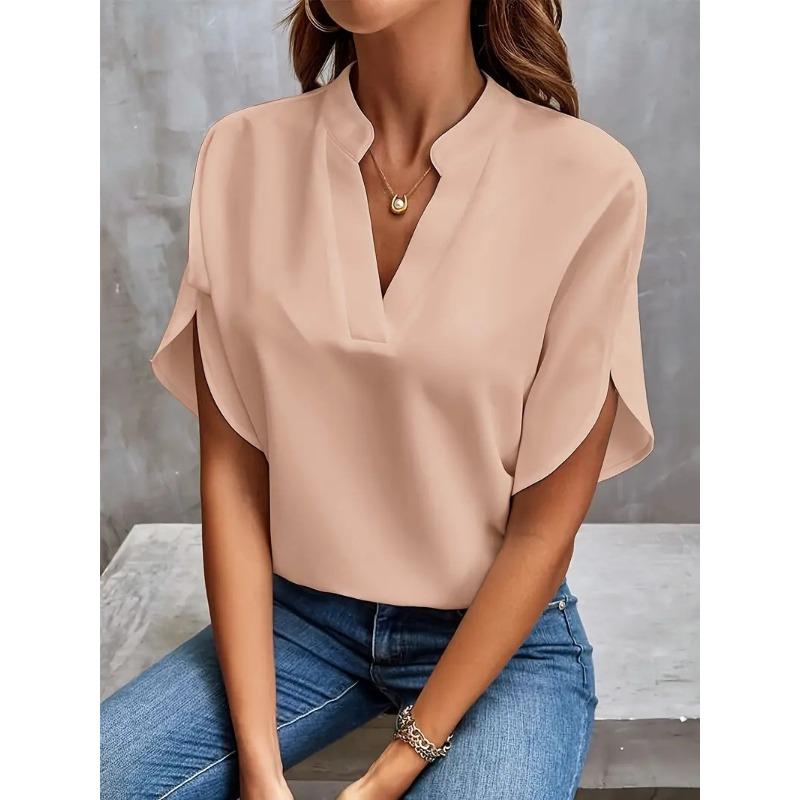 

Women s clothing, summer solid color V-neck loose casual short-sleeved shirt top women s XXL рожевий