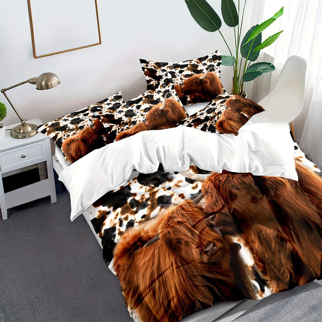 Highland Cow Print Vaskbart sengetøysett i mikrofiber Mykt Komfortabelt dynetrekk for gjesterom på soverommet