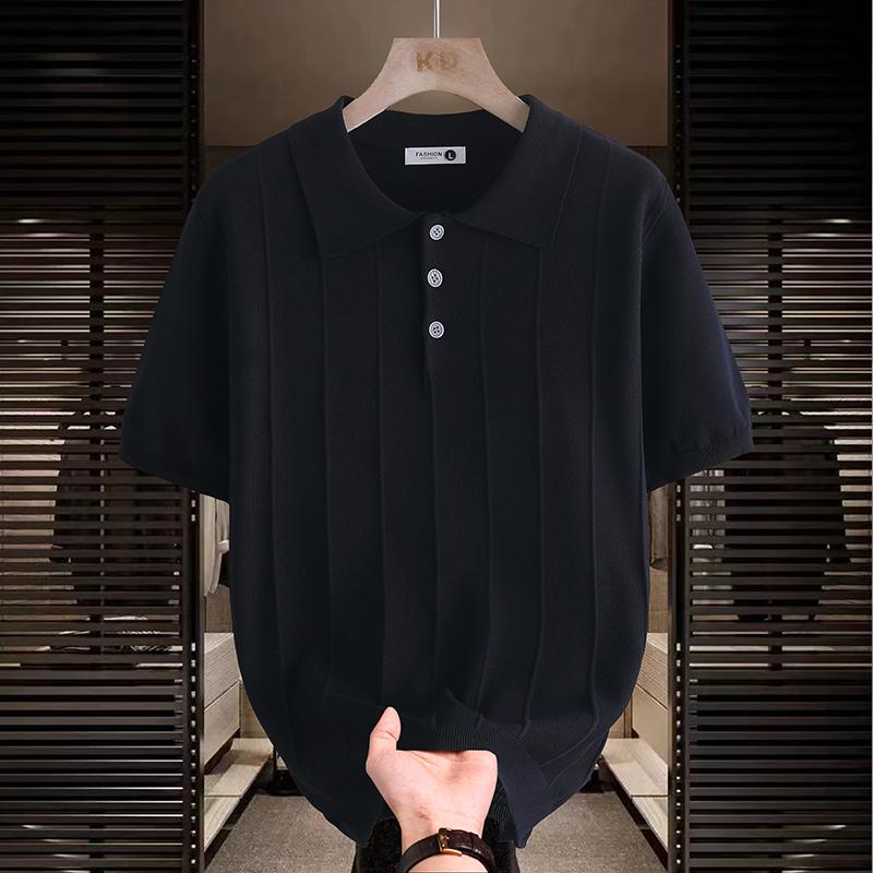 Men's Brown Vertical Rib Knit Short Sleeve Polo Shirt