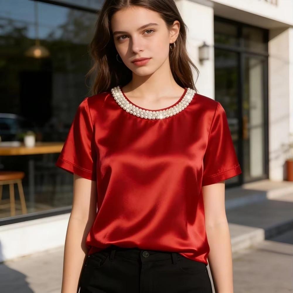 French Style Satin Silk T-Shirt Loose Short Sleeve Top Business Casual Women's Tops  Ladies