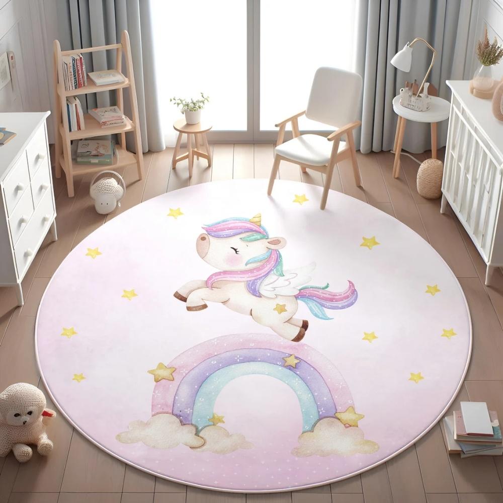 Enchanted Unicorn Floral Round Rug for Home Decor Magical Rainbow Playful Floor Mat for Kids Nursery Bedroom Fantasy Decor
