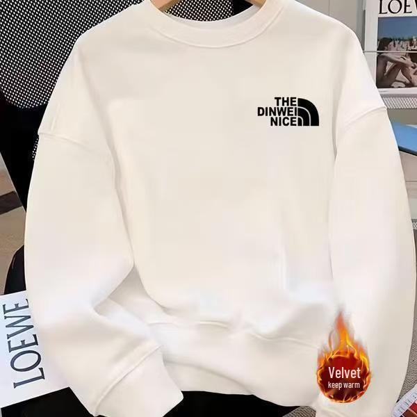 2025 Men’s Plus Velvet Cotton Hoodie – Round Neck, Long Sleeve, Casual Loose Fit, Trendy Base Layer for Autumn/Winter