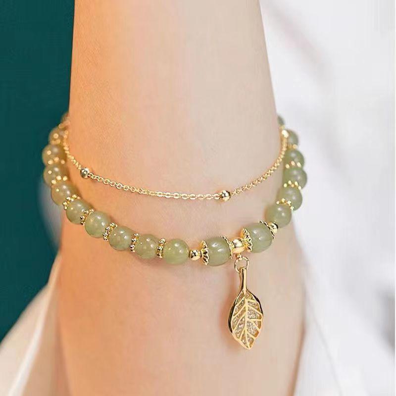 Groene Jade Armband in Chinese Stijl Voor Vrouwen Exquise Goudkleurige Bladeren Polsband Bangle Dubbele Ketting Armband Meisjes Cadeaus