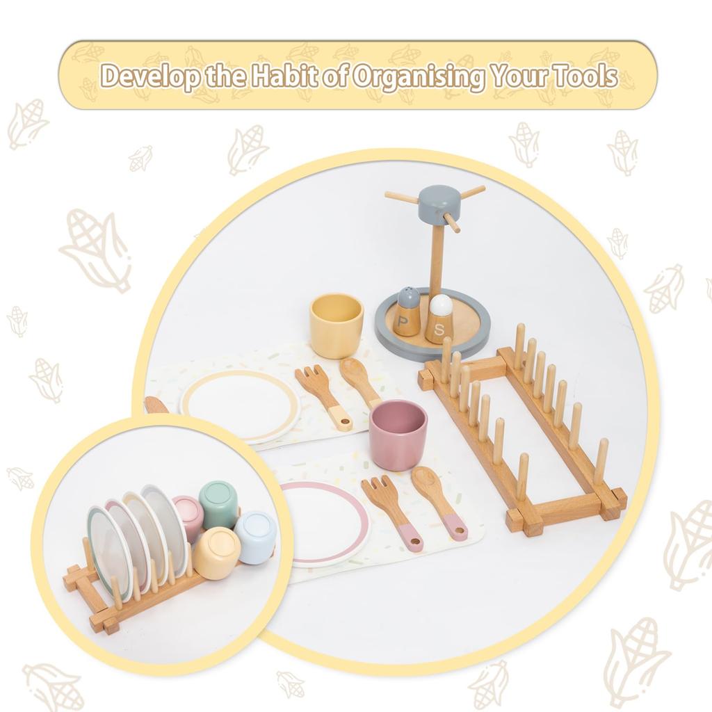 UMU Kinderspiel-Geschirrset, Holz-Kinderküchen-Geschirrset, 33-teiliges Set, Montiert, Montessori-Stil für Jungen und Mädchen, Perfekt für Pr