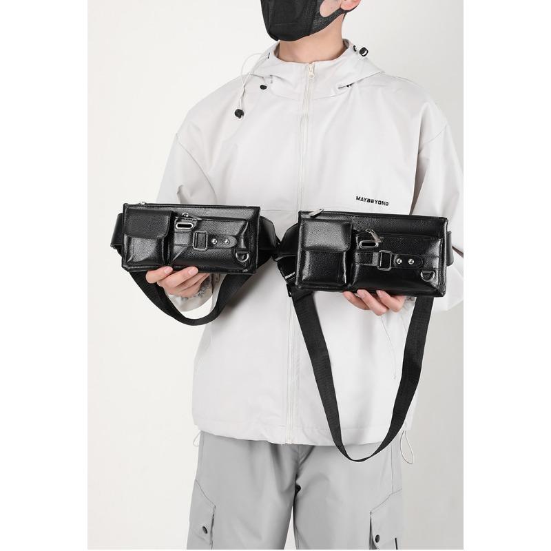 Men's PU Leather Waist Bag Simple Outdoor Casual Black Waist Pouch Men's Business Travel Waist Chest Bag