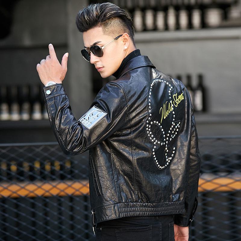 

Весна и осень новая кожаная куртка мужская кожаная куртка с вышитыми лацканами Harley мотоцикл корейский стиль тонкая куртка тонкая куртка 5XL чёрный
