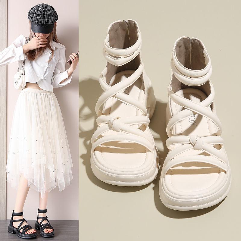 Roman Sandals Women Summer 2025 New Flat Non-slip Outside Wear Beach Shoes with Black Continuously Empty Cool Boots Tide