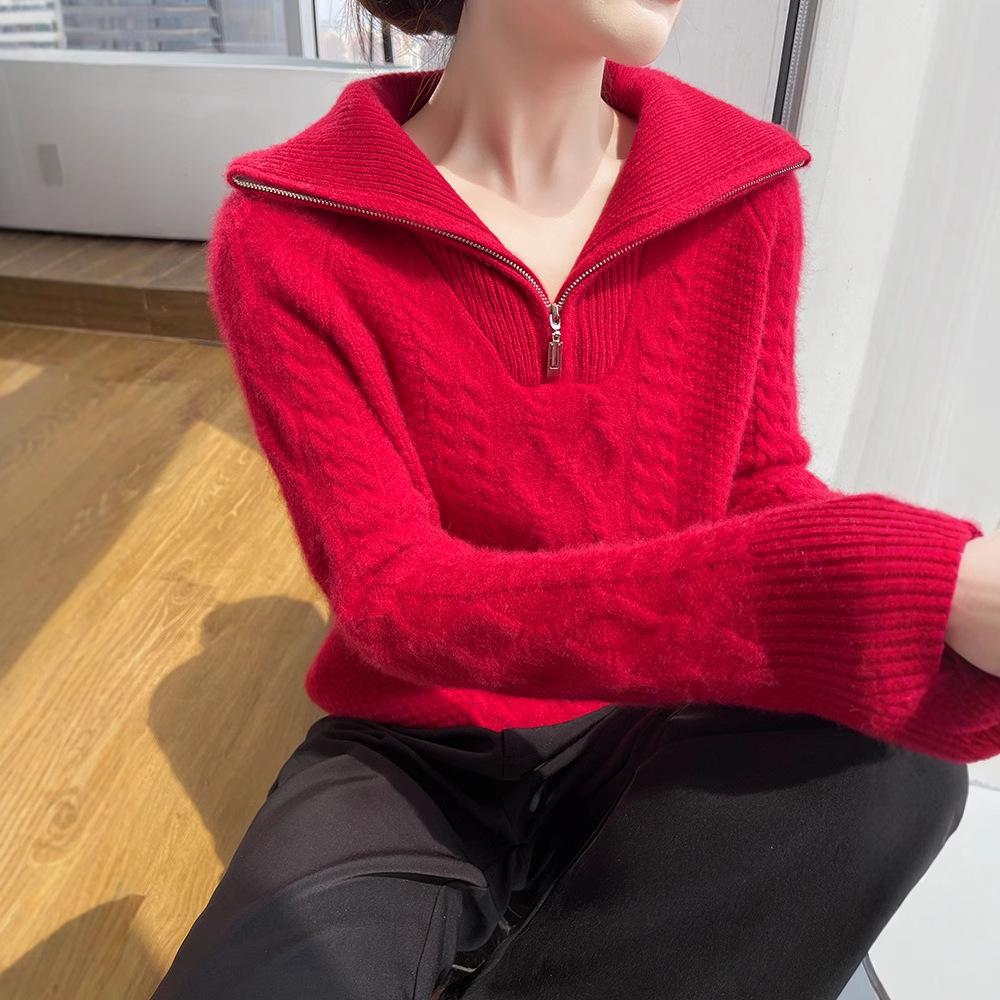 Women's Heavyweight Thickened 100% Wool Half-Zip Sweater, Autumn/Winter Fashion, Versatile Knitwear with Large Turn-Down Collar.