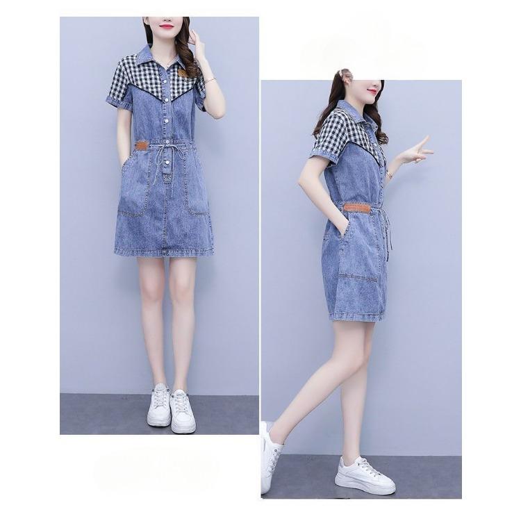 Plus Size Women Summer Fashion Denim Dress Casual Washed Patchwork Design Fat Ladies Clothing